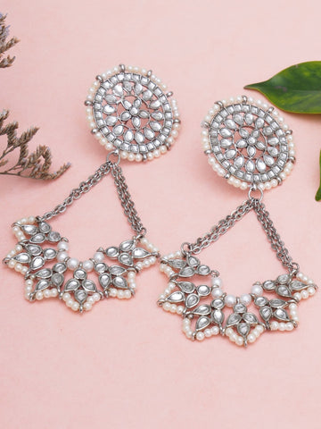 Silver-Plated Oxidised Kundan Studded Floral Chandbali Earrings