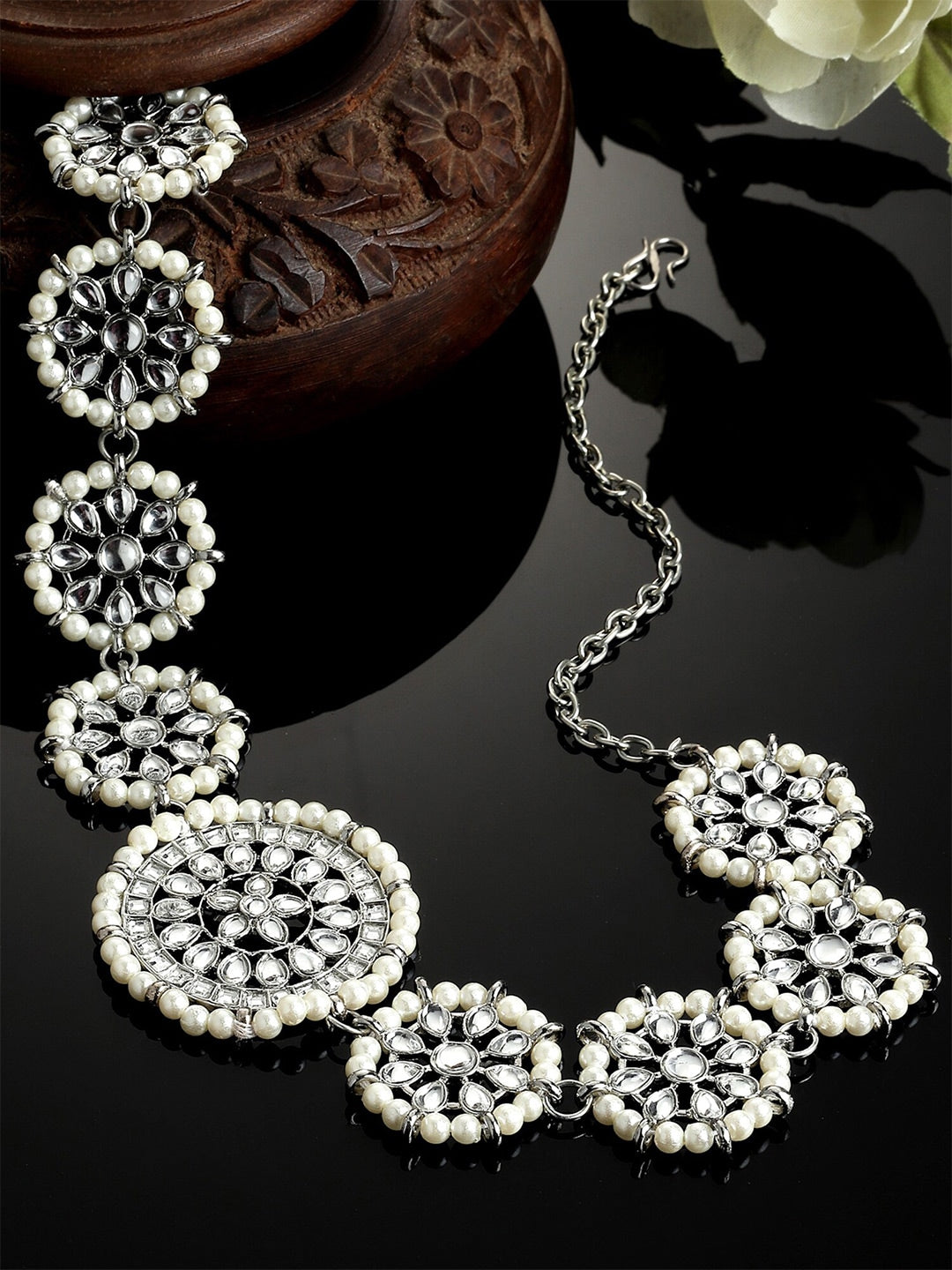 Women Silver-Toned & White Embellished Oxidised Silver White Kundan Hairband