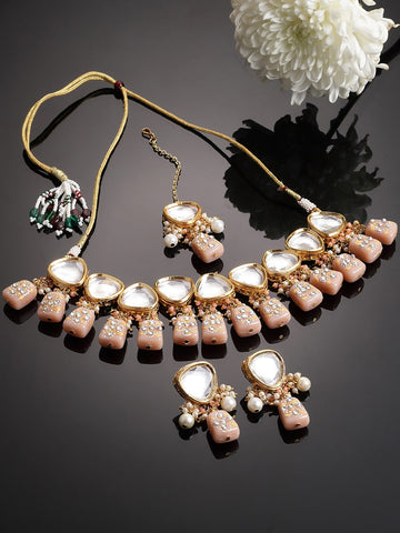 Gold-Plated Pink Studded Kundan Polki Jewellery set