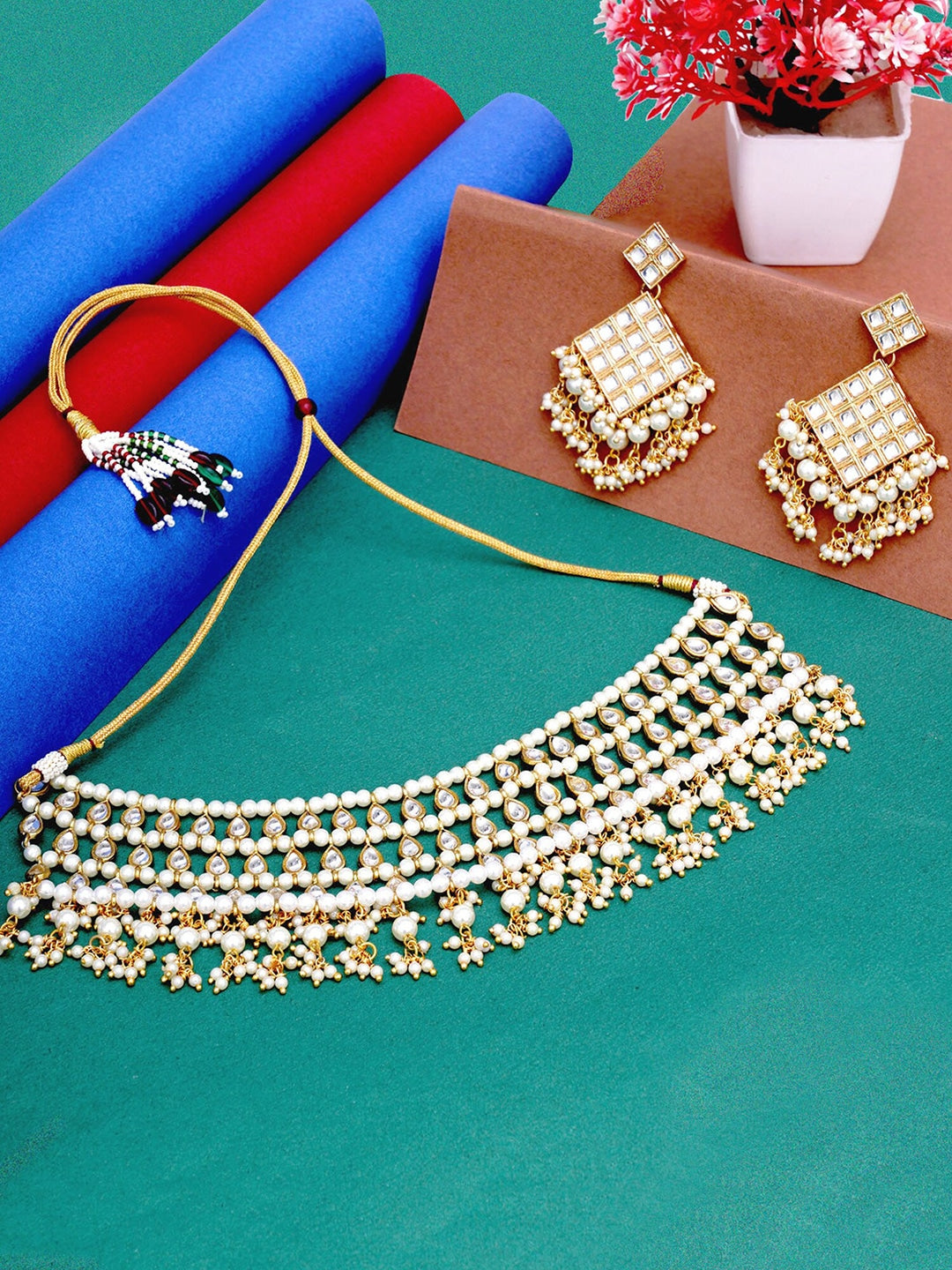 Gold-Plated White Kundan-Studded Jewellery Set