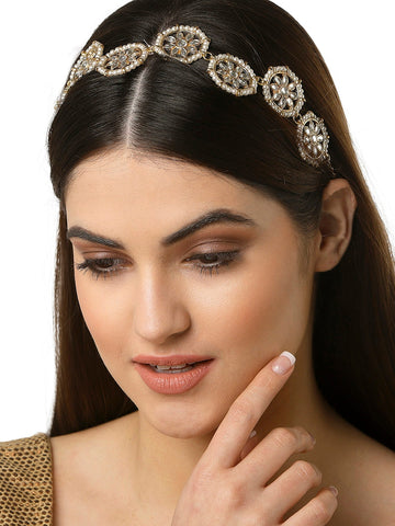 Women Gold-Toned & White Kundan Studded Handcrafted Hairband