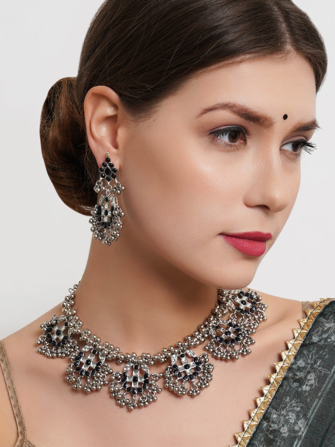 Women Black Oxidised Silver- Plated Stone Studded Jewellery Set