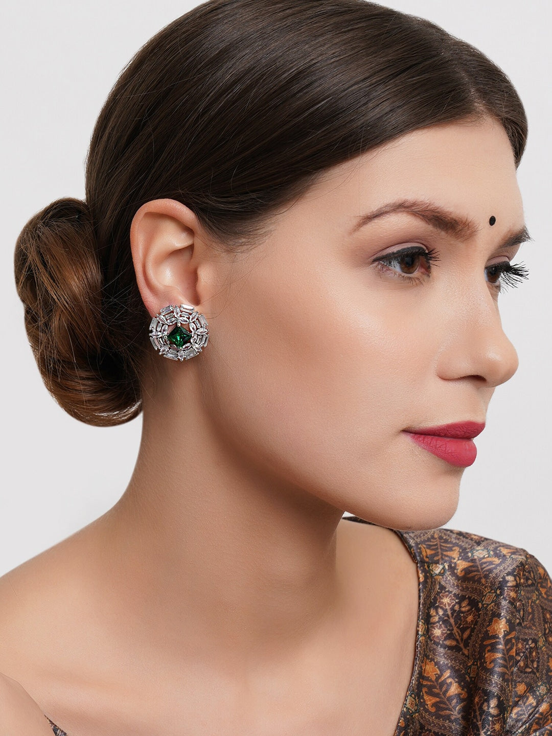 Silver-Plated Green AD Studded Contemporary Studs Earrings