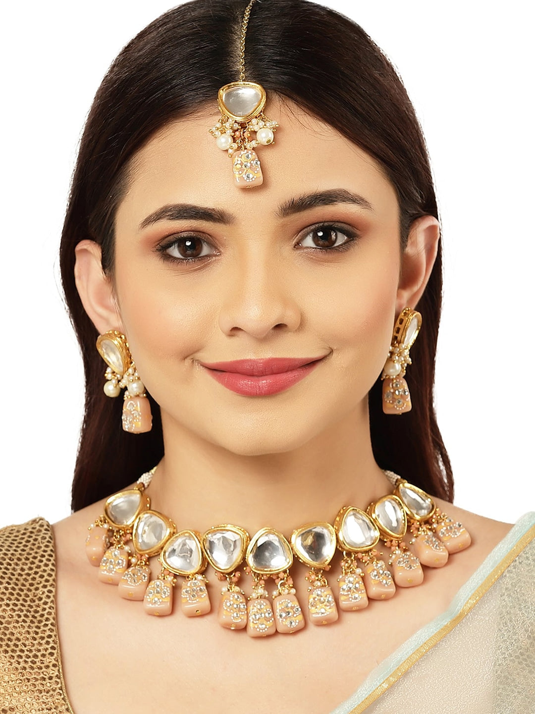 Gold-Plated Pink Studded Kundan Polki Jewellery set