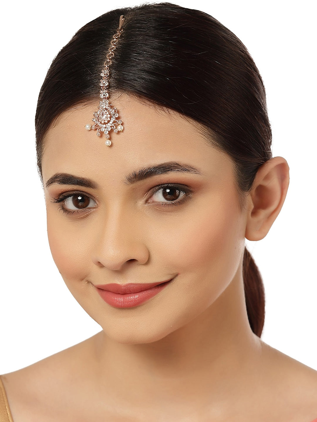 Karatcart Rose Gold Plated American Diamond Studded Maangtikka