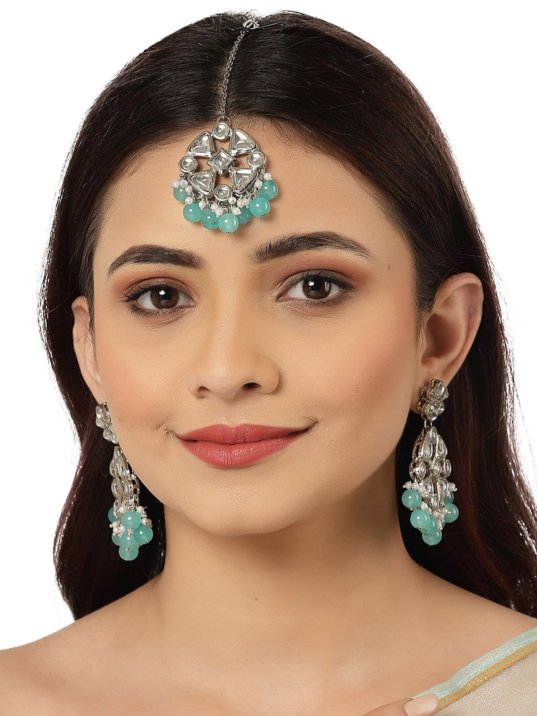 Silver-Plated Blue Beads Kundan Oxidised Jewellery Set