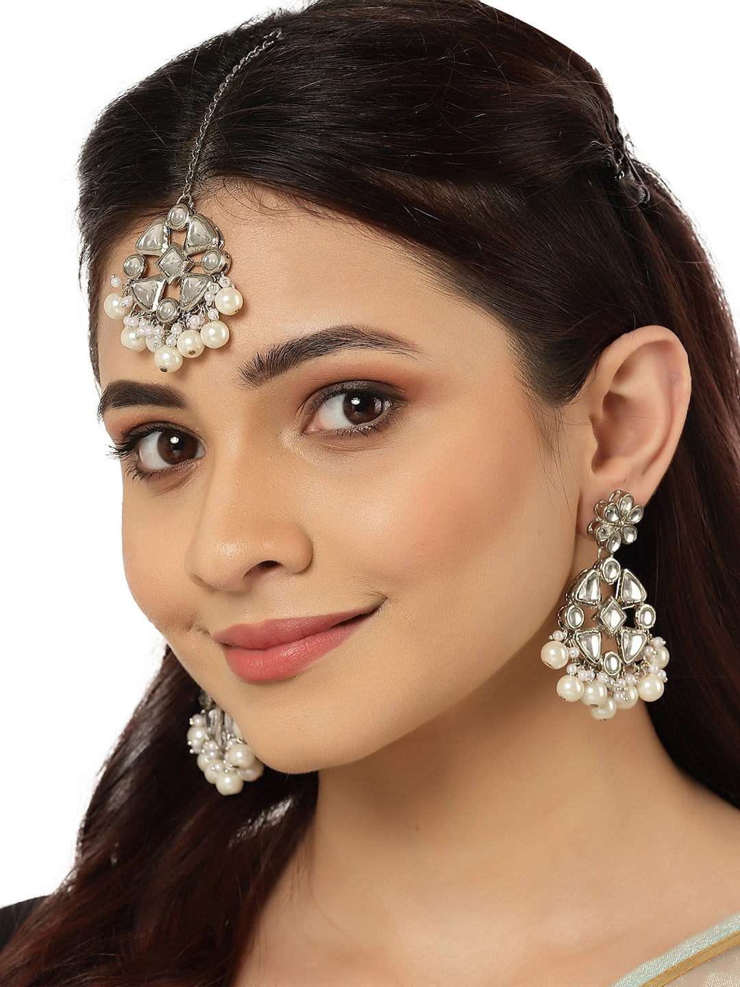 Oxidised Silver-Plated White Kundan-Studded & Pearl Beaded Earring with Maangteeka