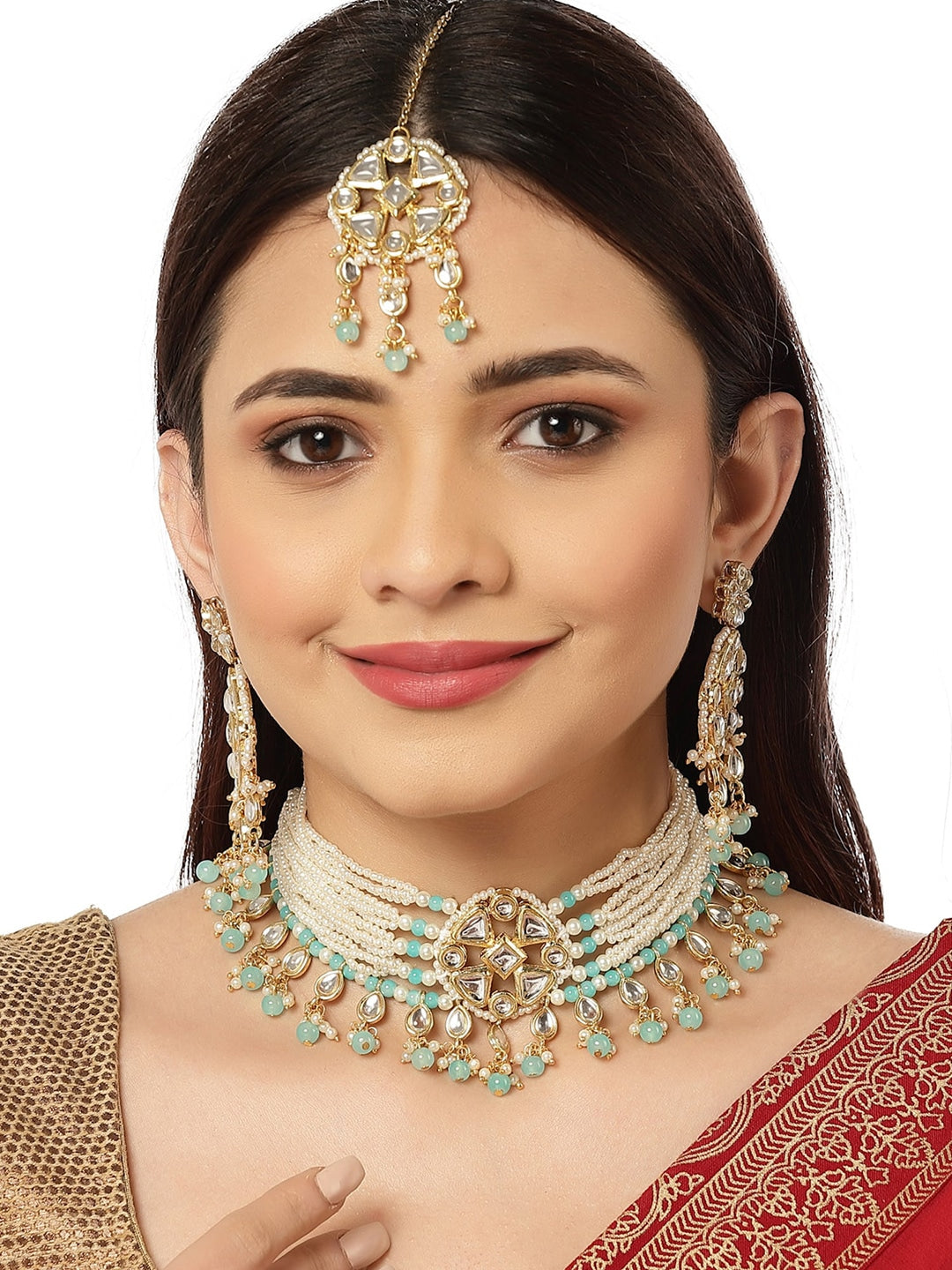 Women Gold Plated Light Blue Beads Studded Kundan Choker Necklace Set