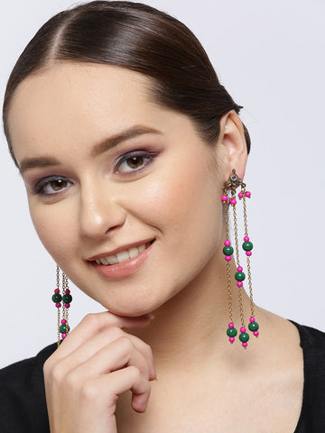 Pink and Green Tassel Kundan Earrings