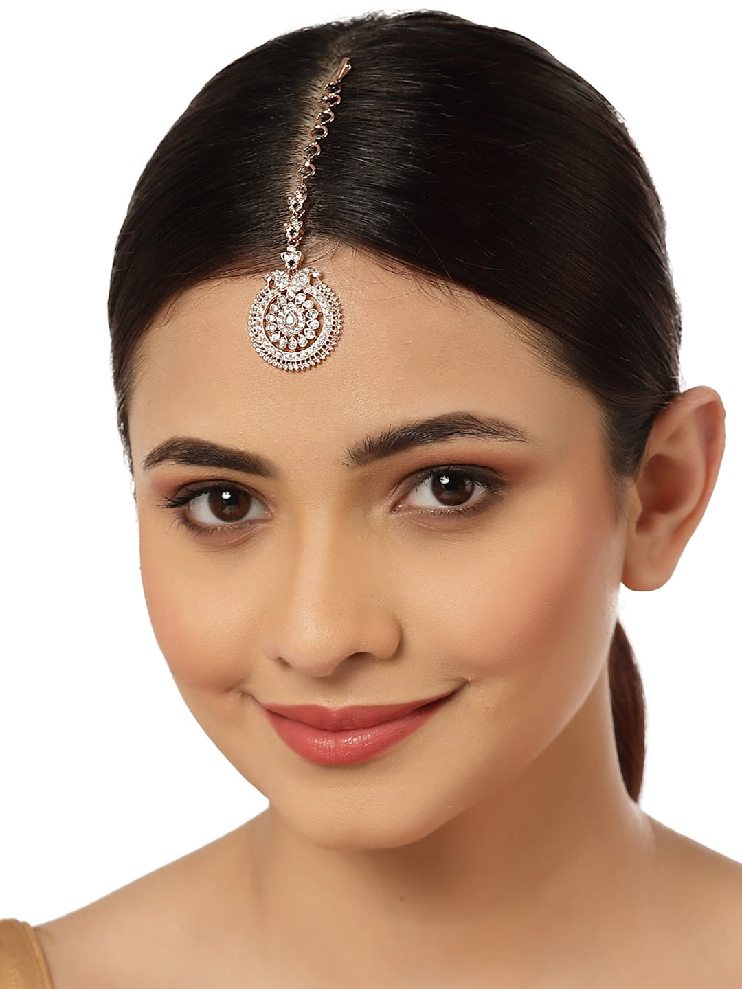 I Jewels Women's Rose Gold Plated Maang Tikka - AD & Crystal Studded Forehead Jewelry For Ethnic Wear (Pink) - View #5