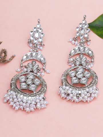 Silver-Toned Oxidised White Kundan Studded Chandbalis Earrings