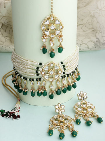 Women Gold Plated Green Tumble Studded Kundan Choker Necklace Set