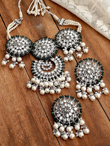 Silver-Plated Oxidised Silver & Green Kundan Studded Jewellery Set