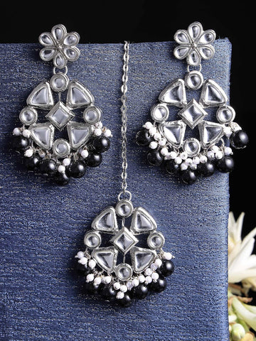 Silver-Plated White & Black Kundan-Studded Earring with Maangteeka