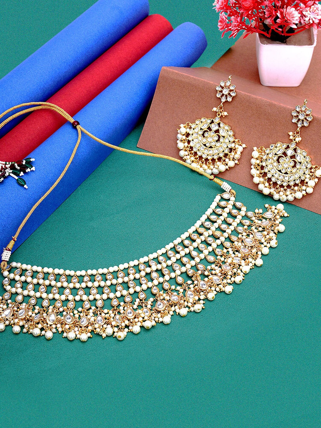 Gold-Plated & Kundan Stone-Studded Jewellery Set