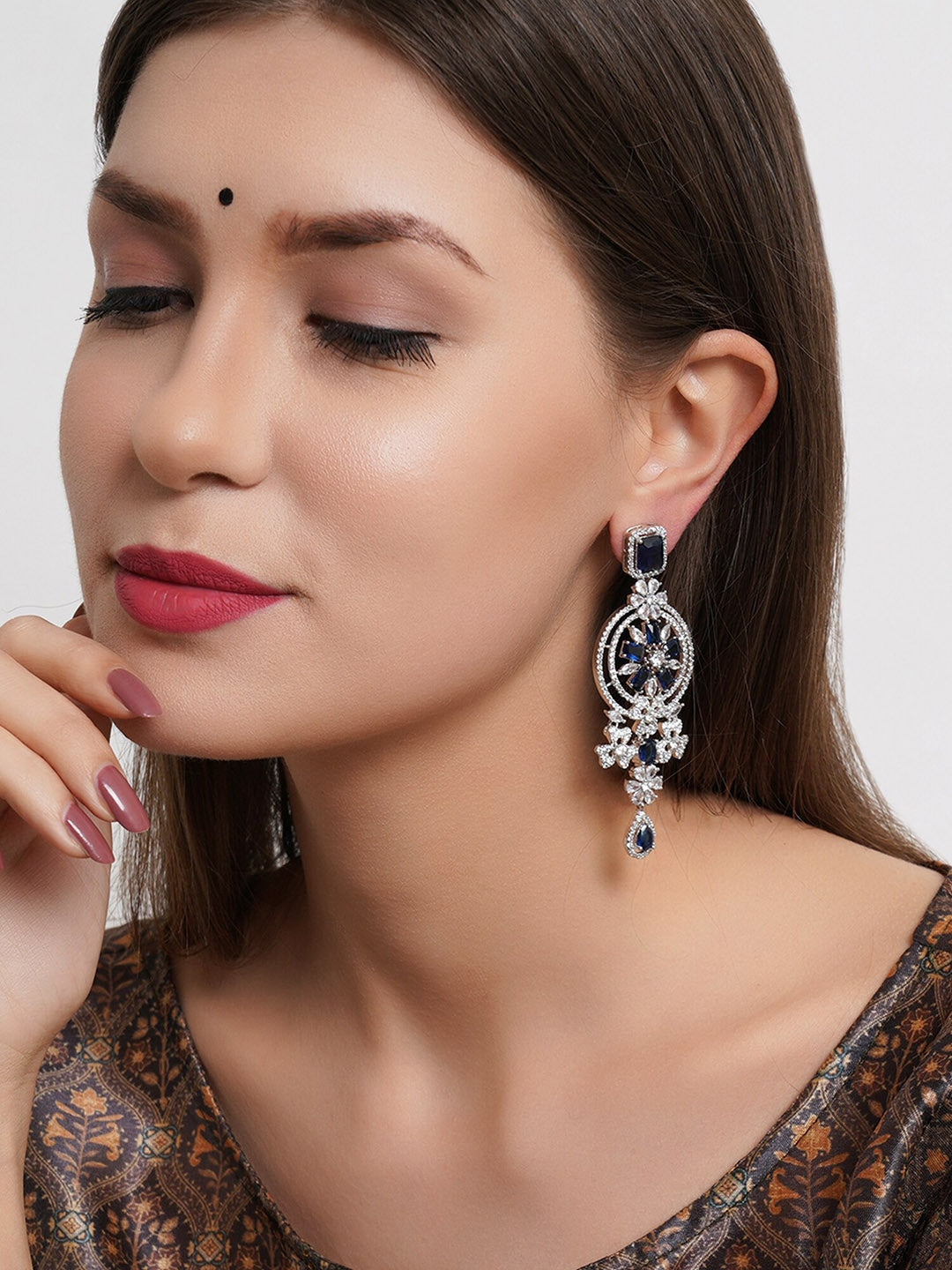 Women Blue & Silver-Toned Floral Drop Earrings