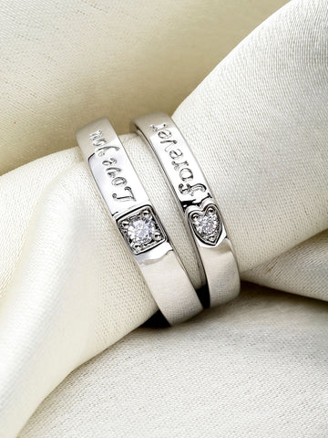 Unisex Set Of 2 Silver-Plated White AD-Studded Adjustable Finger Ring