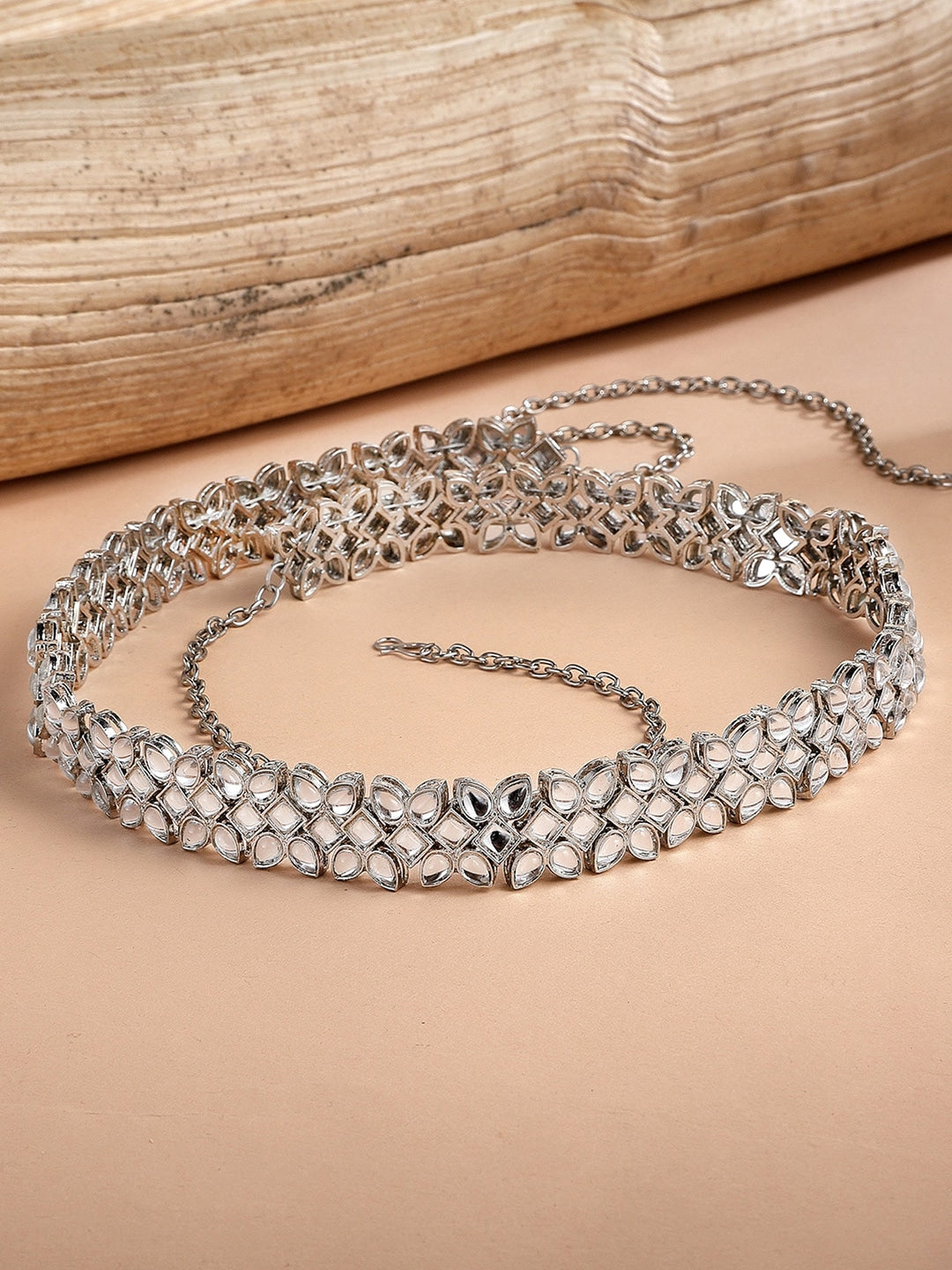 Oxidised Silver-Toned & White Kundan Studded Kamarbandh