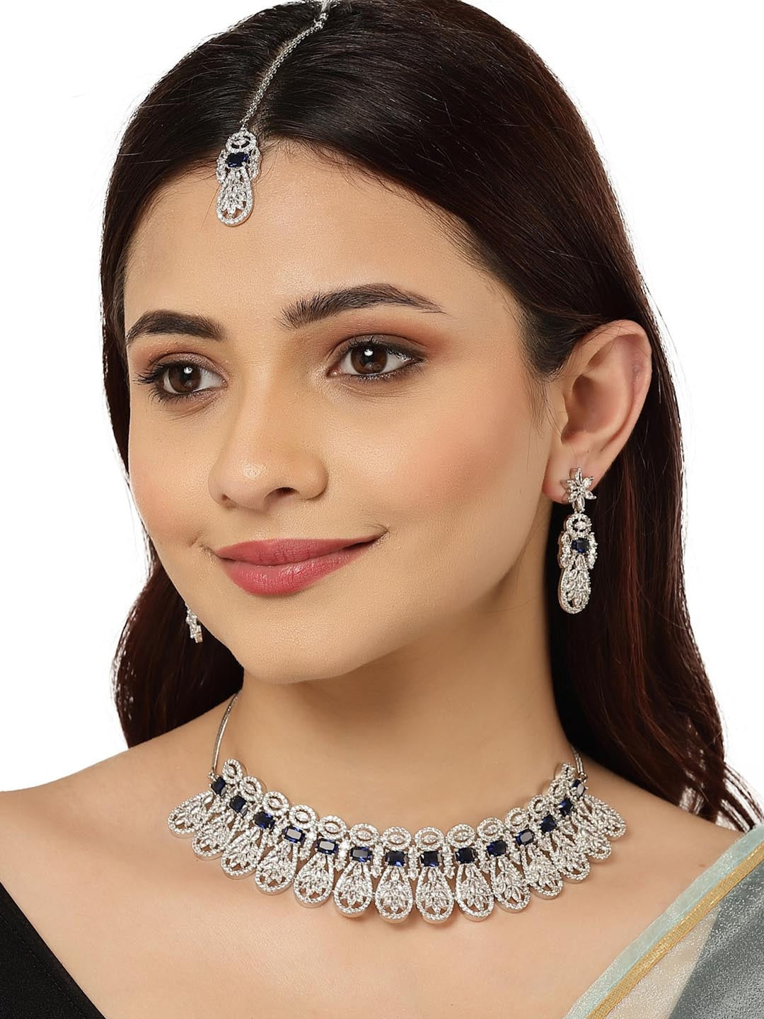 Silver-Plated Blue American Diamond Studded Handcrafted Jewellery Set