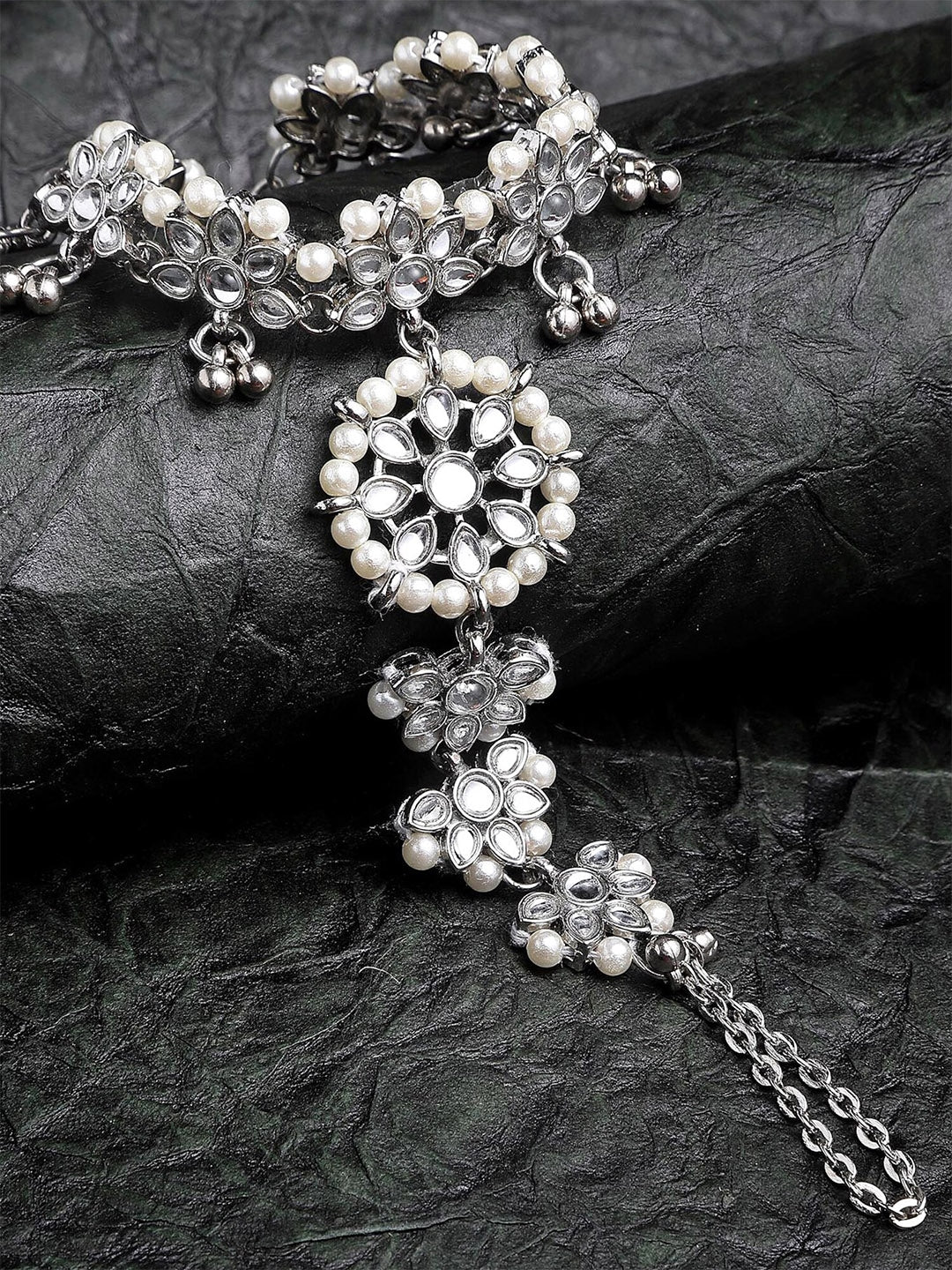 Women Silver-Toned Kundan Oxidised Silver-Plated Hathphool