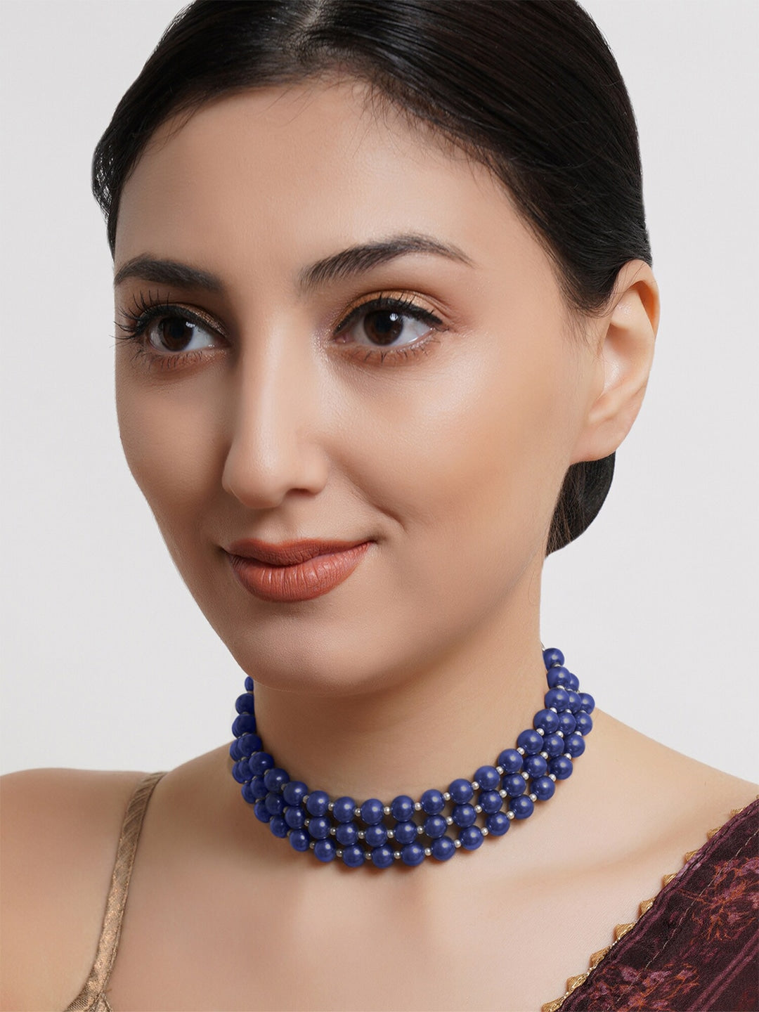 Blue & Silver-Toned Beaded Choker Necklace