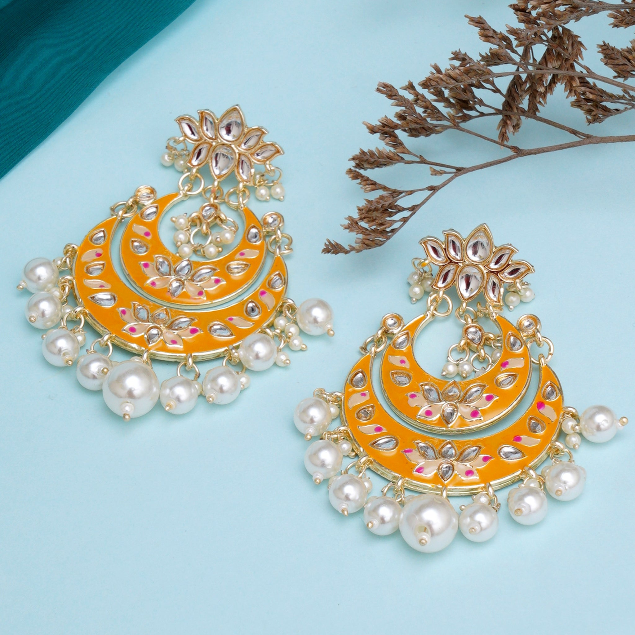 Karatcart Gold Plated Yellow Meena Lotus Design Pearl Studded Chandbali Earrings for Women