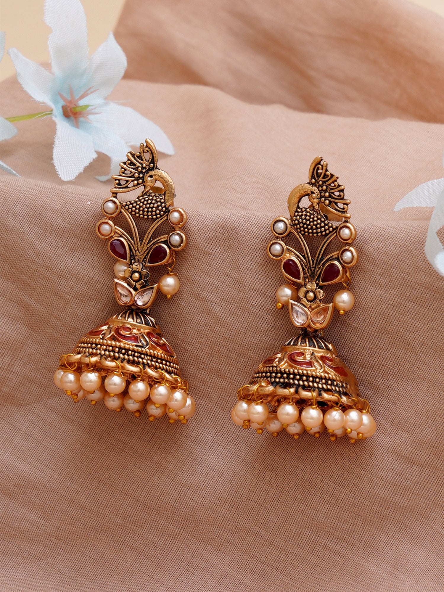 Karatcart Gold Plated Maroon Stone Studded Peacock Shape Jhumki Earrings for Women