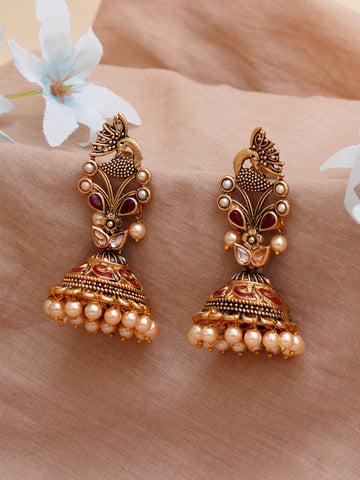 Karatcart Gold Plated Maroon Stone Studded Peacock Shape Jhumki Earrings for Women