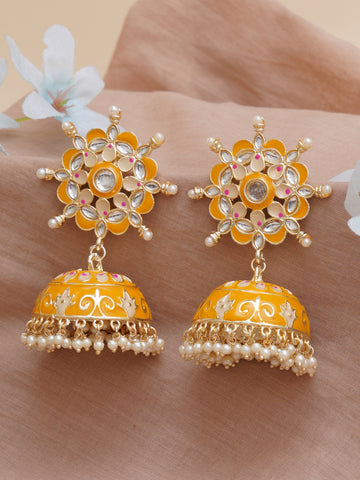Karatcart Gold Plated Floral Design Yellow Meena and Pearl Jhumki Earrings for Women