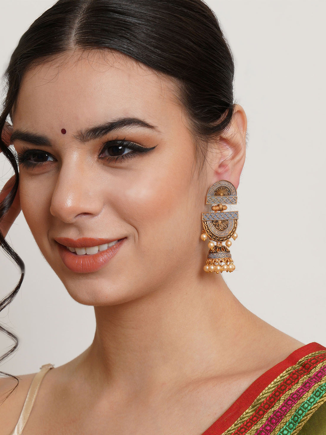 Karatcart Gold Plated Grey Floral Dangler Earrings for Women