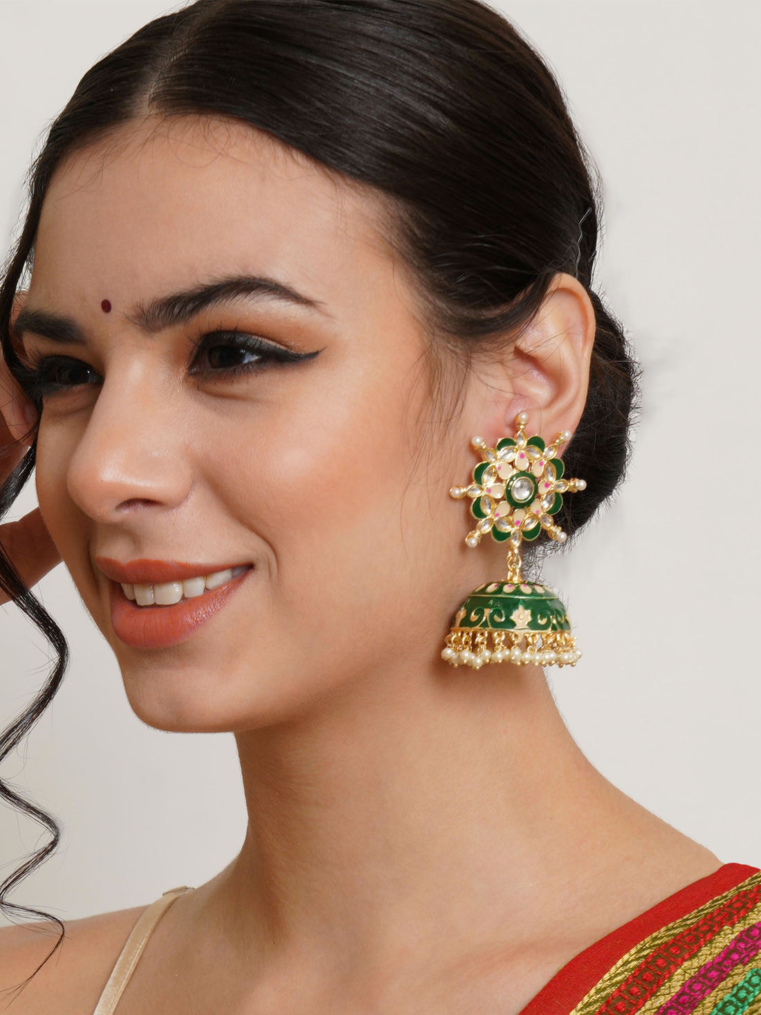 Karatcart Gold Plated Floral Design Green Meena and Pearl Jhumki Earrings for Women