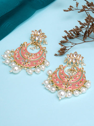 Karatcart Gold Plated Pink Meena Lotus Design Pearl Studded Chandbali Earrings for Women
