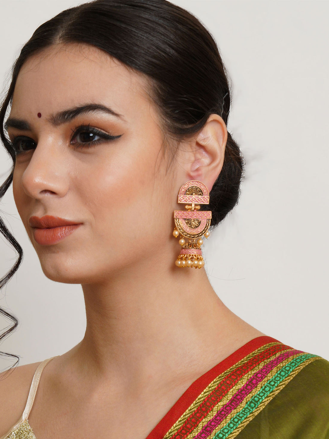 Karatcart Gold Plated Pink Floral Dangler Earrings for Women