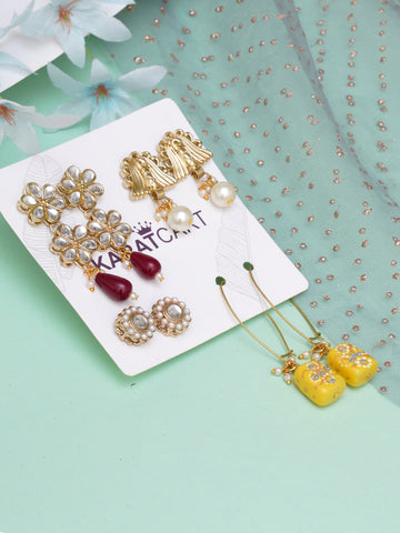 Karatcart Set of 4 Handcrafted Kundan Earrings Combo for Women