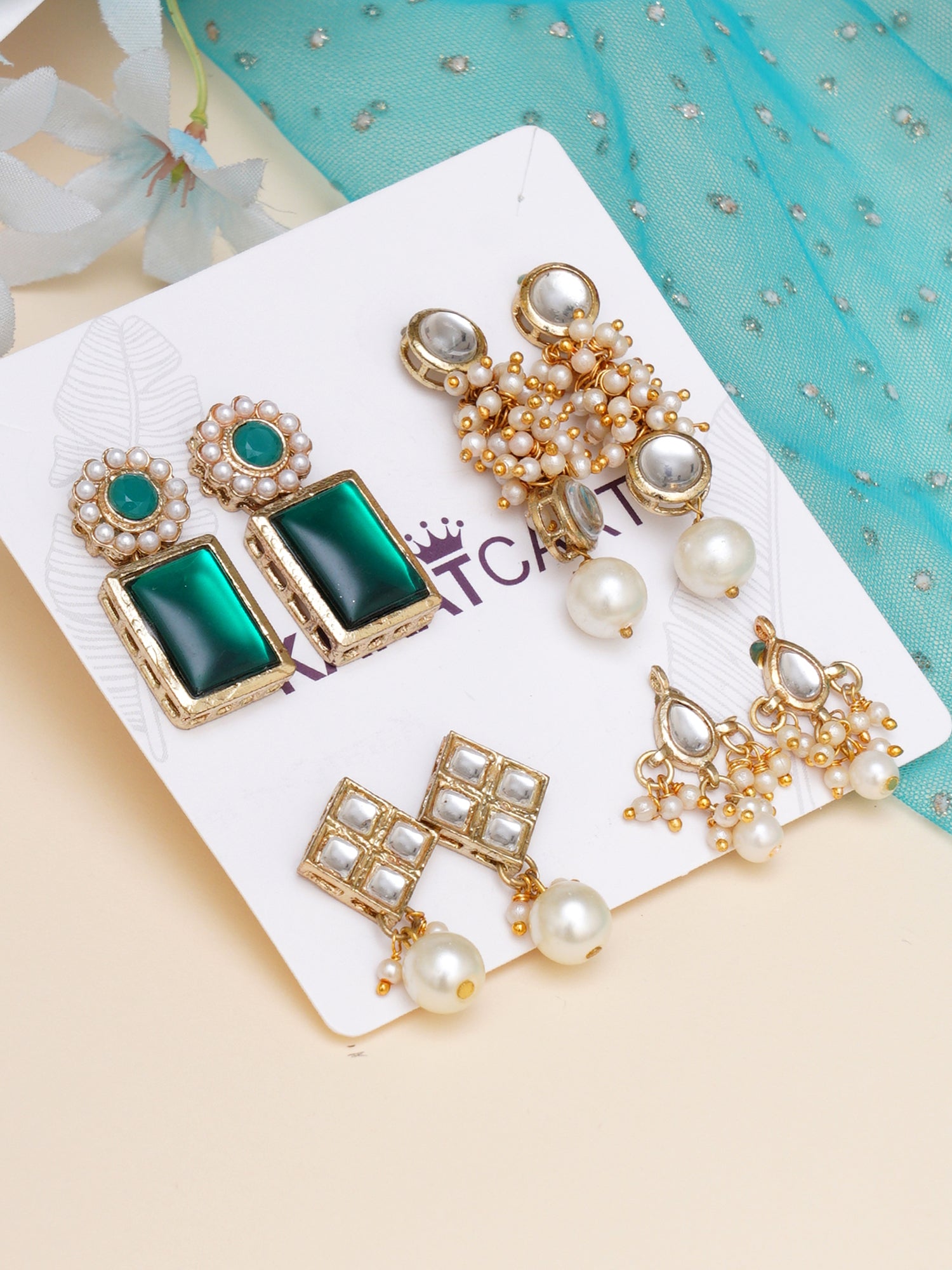 Karatcart Set of 4 Handcrafted Kundan Earrings Combo for Women