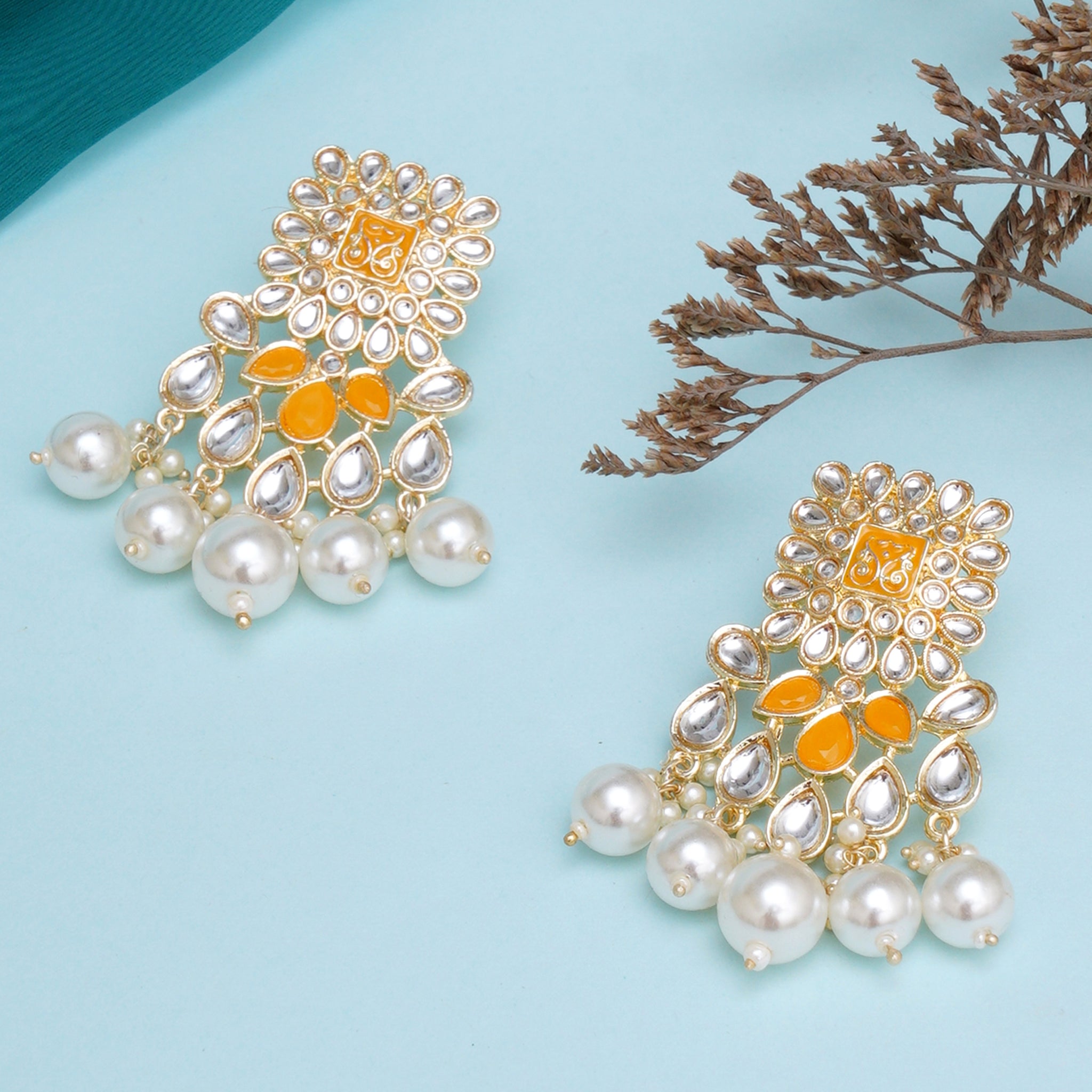 Karatcart Gold Plated Yellow and Pearl Studded Kundan Dangler Earrings for Women