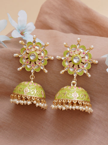 Karatcart Gold Plated Floral Design Light Green Meena and Pearl Jhumki Earrings for Women