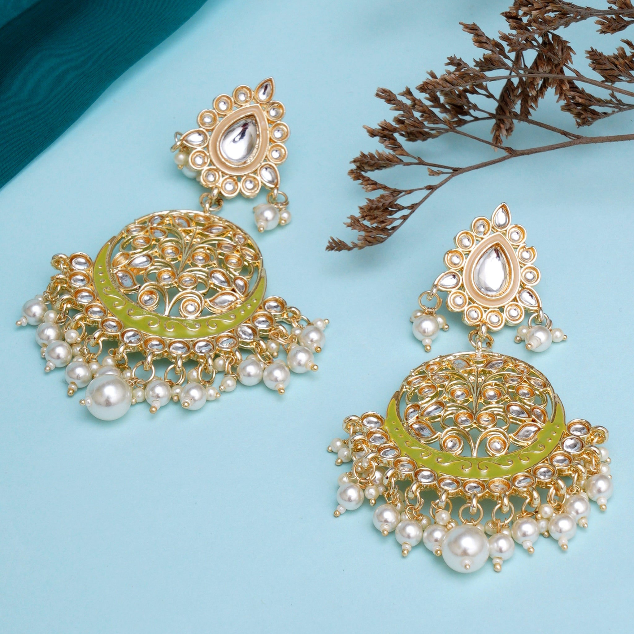 Karatcart Gold Plated Handcrafted Light Green Meena and Pearl Dangler Earrings for Women