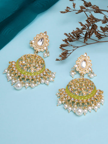 Karatcart Gold Plated Handcrafted Light Green Meena and Pearl Dangler Earrings for Women