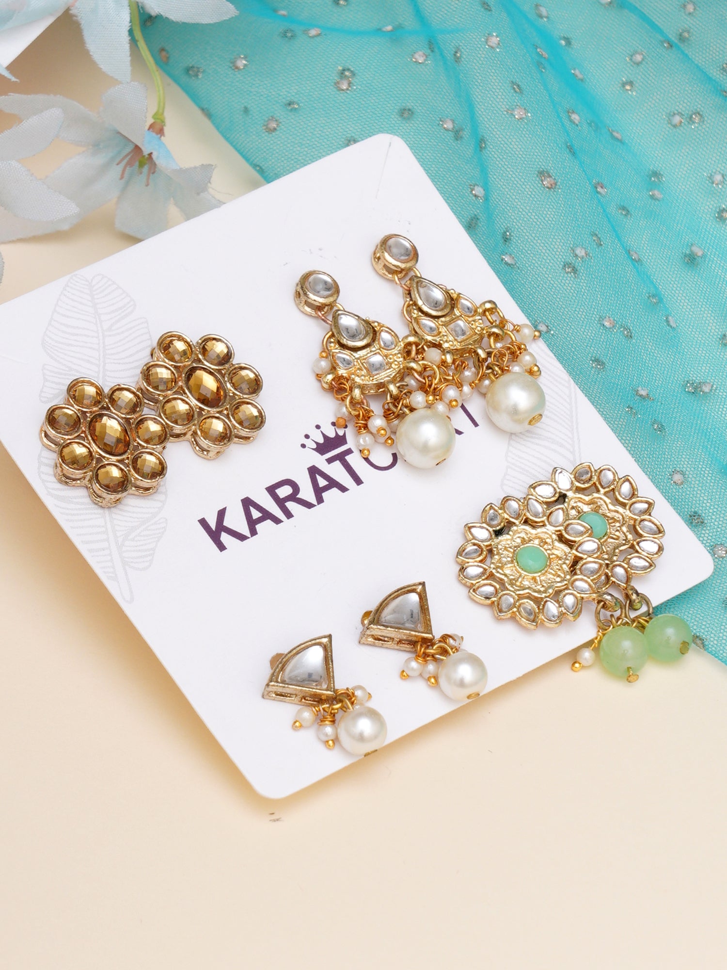 Karatcart Set of 4 Handcrafted Kundan Earrings Combo for Women