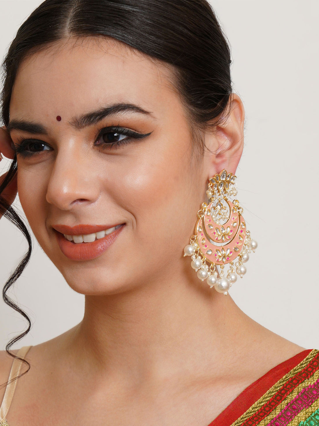 Karatcart Gold Plated Pink Meena Lotus Design Pearl Studded Chandbali Earrings for Women