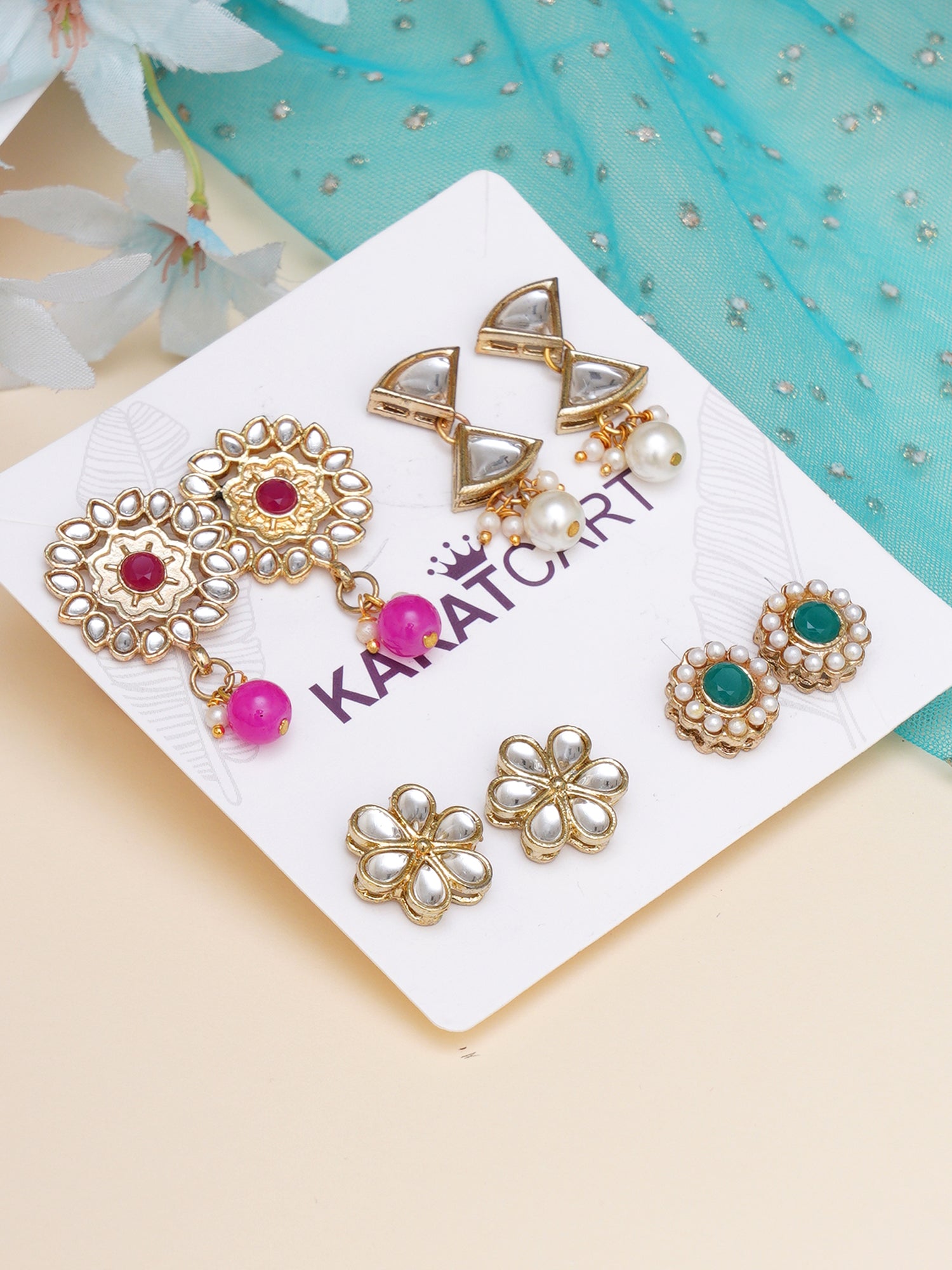 Karatcart Set of 4 Handcrafted Kundan Earrings Combo for Women