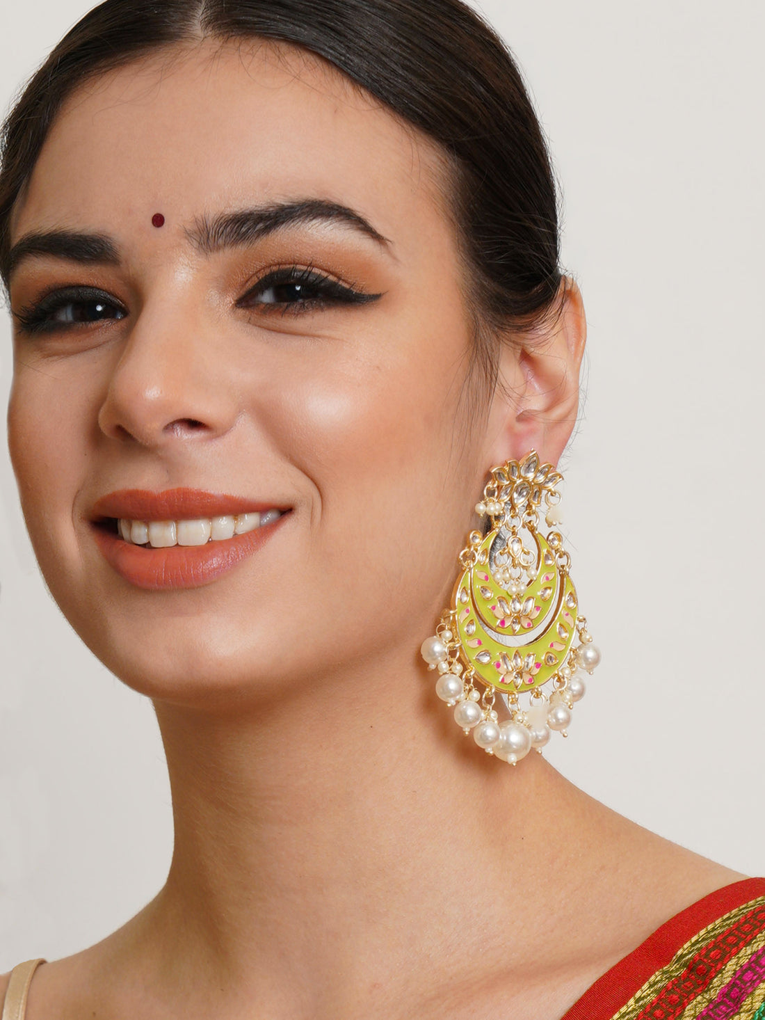 Karatcart Gold Plated Light Green Meena Lotus Design Pearl Studded Chandbali Earrings for Women