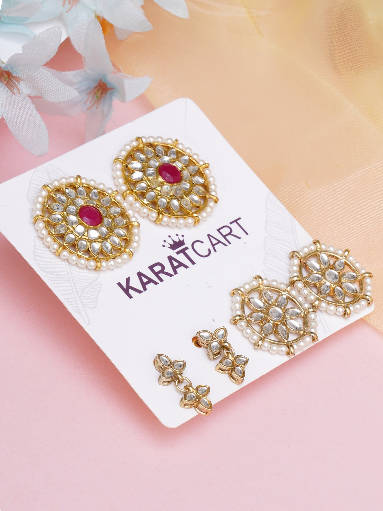 Karatcart Set of 3 Handcrafted Kundan Earrings Combo for Women