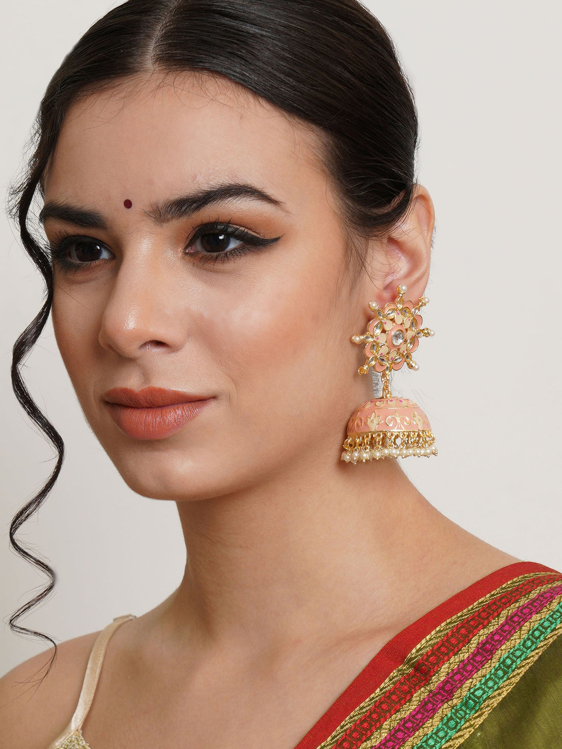 Karatcart Gold Plated Floral Design Pink Meena and Pearl Jhumki Earrings for Women
