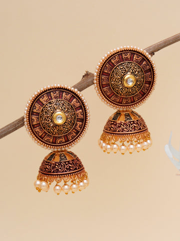 Karatcart Gold Plated Antique Floral Design Maroon Jhumki Earrings for Women