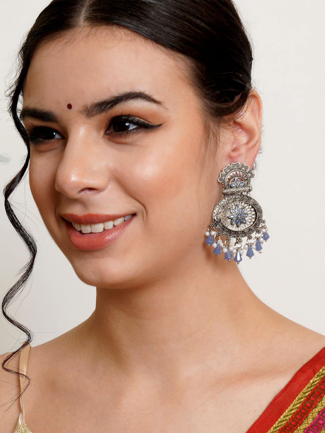 Karatcart Oxidised Silver Floral Design Monalisa Stone Studded Blue Dangler Earrings