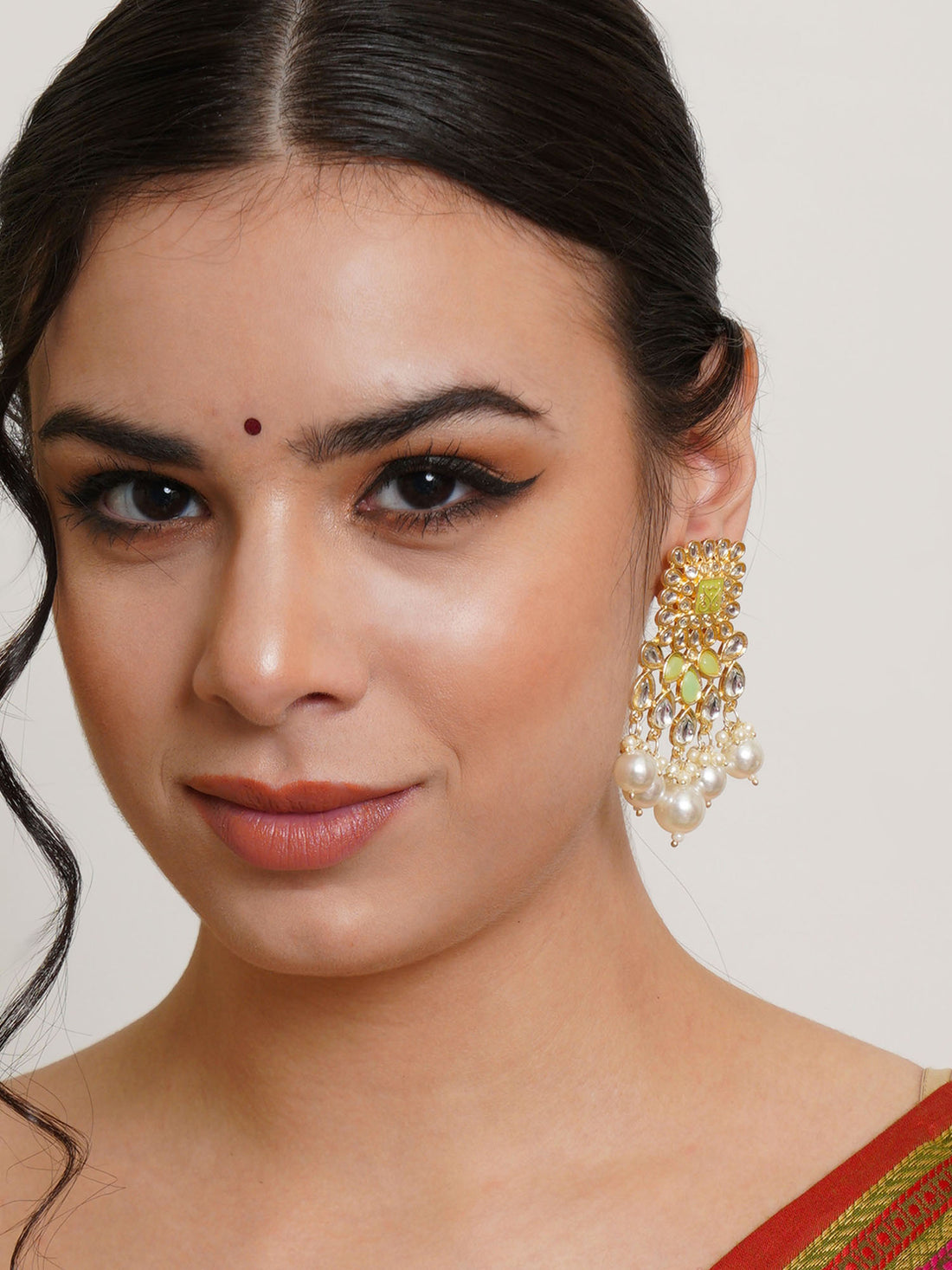 Karatcart Gold Plated Light Green and Pearl Studded Kundan Dangler Earrings for Women