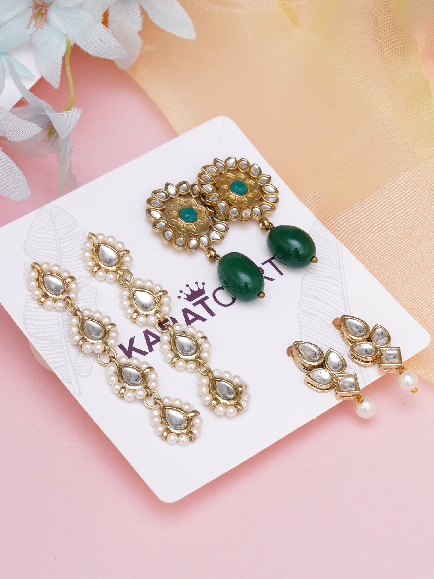 Karatcart Set of 3 Handcrafted Kundan Earrings Combo for Women