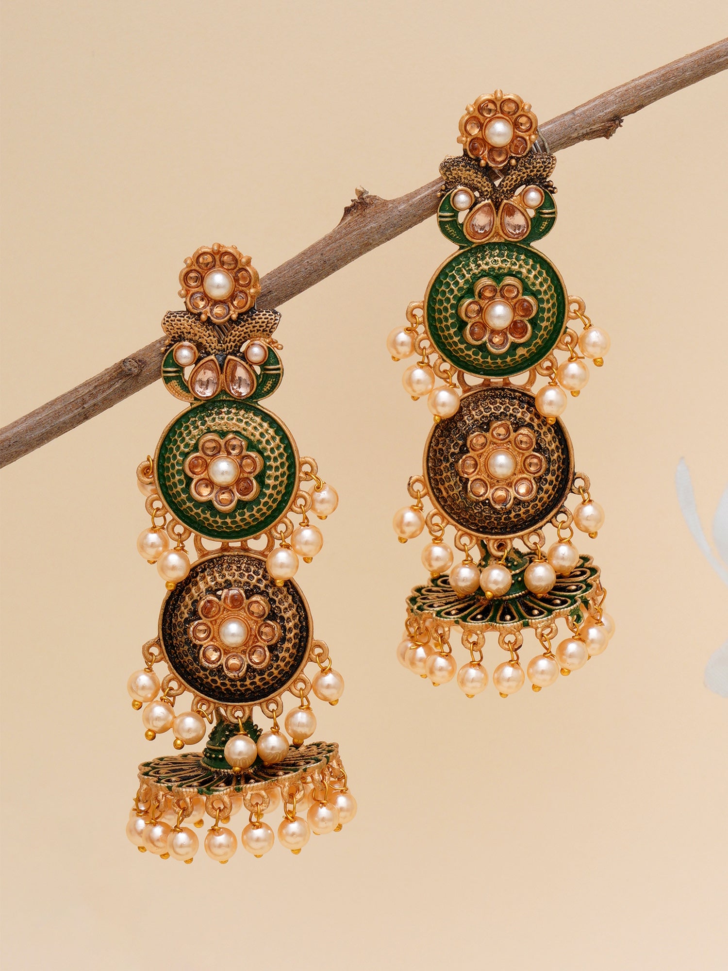 Karatcart Gold Plated Antique Floral Design Green Drop Earrings for Women